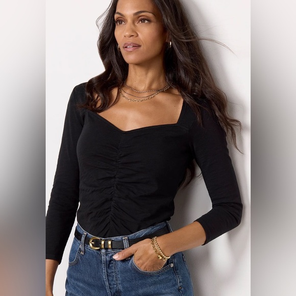 NATION LTD Jet Black Mikaela Top Sweetheart Neckline Shirring 3/4 Sleeves Shirt - Picture 11 of 12